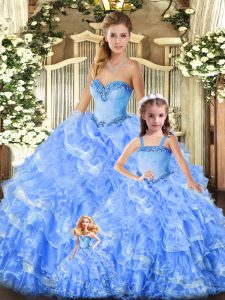 Floor Length Lace Up Quinceanera Gowns Baby Blue for Military Ball and Sweet 16 and Quinceanera with Beading and Ruffles