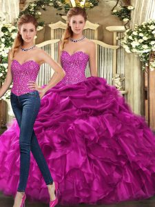 Superior Fuchsia Lace Up Sweetheart Beading and Ruffles 15 Quinceanera Dress Organza Sleeveless