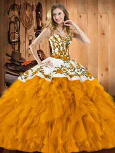 Gold Ball Gowns Embroidery and Ruffles Vestidos de Quinceanera Lace Up Satin and Organza Sleeveless Floor Length