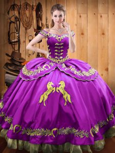 Eggplant Purple Satin and Organza Lace Up Sweet 16 Dresses Sleeveless Floor Length Beading and Embroidery
