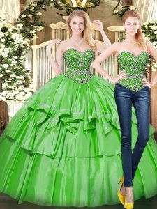 Beauteous Green Organza Lace Up 15th Birthday Dress Sleeveless Floor Length Beading and Ruffled Layers