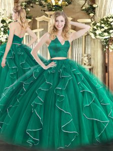 Eye-catching Dark Green Two Pieces Halter Top Sleeveless Organza Floor Length Zipper Ruffles Quinceanera Dress