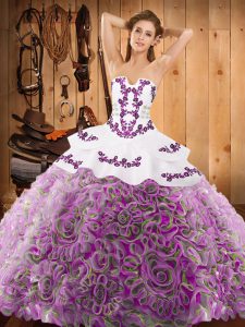 Sweep Train Ball Gowns Vestidos de Quinceanera Multi-color Strapless Satin and Fabric With Rolling Flowers Sleeveless With Train Lace Up