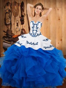 Pretty Blue Strapless Lace Up Embroidery and Ruffles 15 Quinceanera Dress Sleeveless