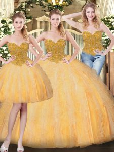 Low Price Floor Length Gold Quinceanera Dress Sweetheart Sleeveless Lace Up