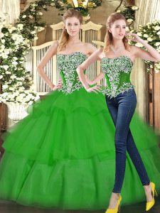 Cute Green Strapless Neckline Beading and Ruffled Layers 15th Birthday Dress Sleeveless Lace Up