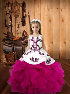 Top Selling Organza Straps Sleeveless Lace Up Embroidery and Ruffles Little Girls Pageant Dress in Fuchsia