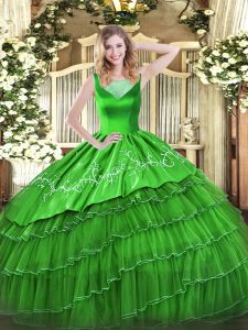 Custom Design Green Ball Gowns Beading and Embroidery Vestidos de Quinceanera Side Zipper Organza Sleeveless Floor Length