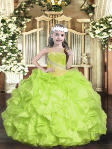 Sleeveless Floor Length Beading Lace Up Little Girls Pageant Gowns with Yellow Green