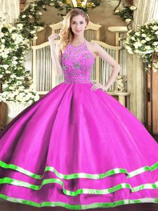 Modern Fuchsia Sleeveless Floor Length Beading Zipper Quinceanera Gown