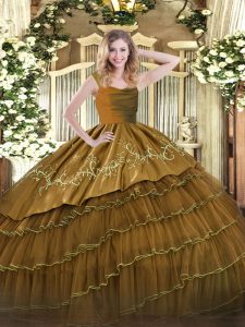 Super Brown Sleeveless Organza and Taffeta Zipper Sweet 16 Quinceanera Dress for Military Ball and Sweet 16 and Quinceanera