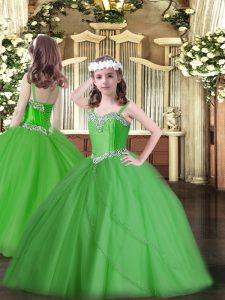 Green Tulle Lace Up Straps Sleeveless Child Pageant Dress Sweep Train Beading