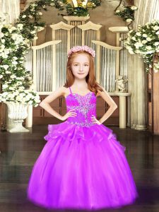 Sleeveless Floor Length Beading Lace Up Kids Pageant Dress with Lilac