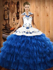 Blue Sleeveless Organza Lace Up Quinceanera Gown for Military Ball and Sweet 16 and Quinceanera
