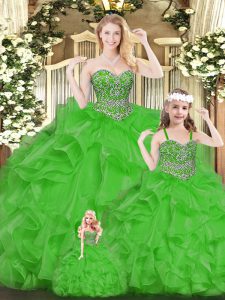 Dramatic Sleeveless Organza Floor Length Lace Up Sweet 16 Dress in Green with Beading and Ruffles