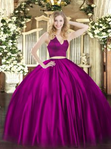 Low Price Two Pieces Quinceanera Dresses Fuchsia Halter Top Satin Sleeveless Floor Length Zipper