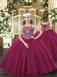 Wonderful Fuchsia Ball Gowns Straps Sleeveless Tulle Floor Length Lace Up Beading Pageant Dress for Teens
