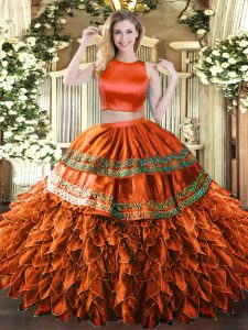 Sumptuous Rust Red Sweet 16 Quinceanera Dress Military Ball and Sweet 16 and Quinceanera with Ruffles and Sequins High-neck Sleeveless Criss Cross