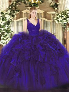Adorable Purple Ball Gowns V-neck Sleeveless Organza Floor Length Backless Beading and Lace and Ruffles Ball Gown Prom Dress