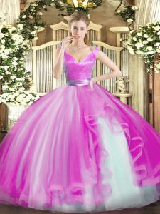 Fuchsia Ball Gowns Beading and Ruffles Quinceanera Gown Zipper Tulle Sleeveless Floor Length