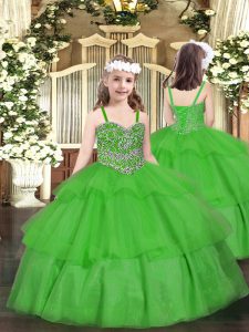 Perfect Floor Length Green Glitz Pageant Dress Straps Sleeveless Lace Up