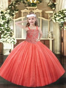 Best Coral Red Straps Lace Up Beading Child Pageant Dress Sleeveless