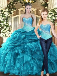 Affordable Sweetheart Sleeveless Vestidos de Quinceanera Floor Length Beading and Ruffles Teal Tulle