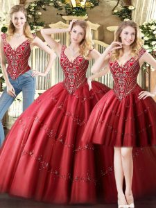 Hot Selling Floor Length Lace Up Quinceanera Gowns Wine Red for Military Ball and Sweet 16 and Quinceanera with Beading