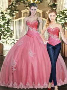 Rose Pink Vestidos de Quinceanera Military Ball and Sweet 16 and Quinceanera with Beading and Appliques Sweetheart Sleeveless Lace Up