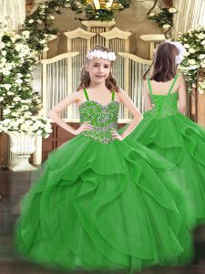 Green Tulle Lace Up Pageant Dress Wholesale Sleeveless Floor Length Beading and Ruffles