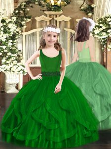Dark Green Ball Gowns Tulle Scoop Sleeveless Beading and Ruffles Floor Length Zipper Pageant Gowns For Girls