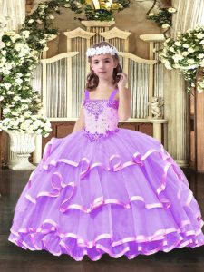 Fashion Lilac Sleeveless Floor Length Beading and Ruffled Layers Lace Up Pageant Gowns