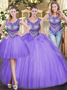 On Sale Sleeveless Floor Length Beading and Ruffles Lace Up 15th Birthday Dress with Lavender