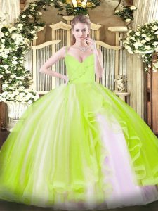 Graceful Spaghetti Straps Sleeveless Ball Gown Prom Dress Floor Length Ruffles Yellow Green Tulle