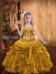 Organza V-neck Sleeveless Lace Up Embroidery and Ruffles Little Girls Pageant Gowns in Gold