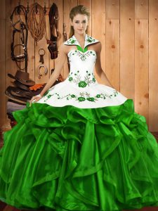 Eye-catching Green Lace Up Quince Ball Gowns Embroidery and Ruffles Sleeveless Floor Length