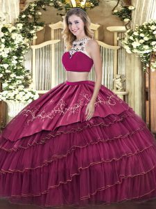 Fuchsia Two Pieces Beading and Embroidery and Ruffled Layers 15 Quinceanera Dress Backless Tulle Sleeveless Floor Length
