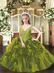 Organza V-neck Sleeveless Lace Up Beading and Ruffles Little Girls Pageant Gowns in Olive Green