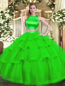 Gorgeous Floor Length Two Pieces Sleeveless Green Quinceanera Gowns Criss Cross