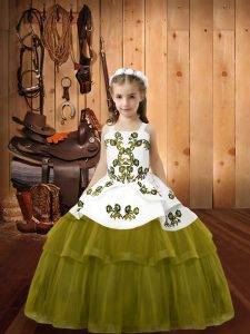 Olive Green Sleeveless Embroidery Floor Length Pageant Gowns For Girls