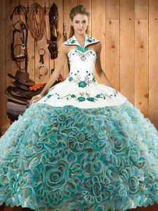 Beautiful Multi-color Sweet 16 Dress Fabric With Rolling Flowers Sweep Train Sleeveless Embroidery