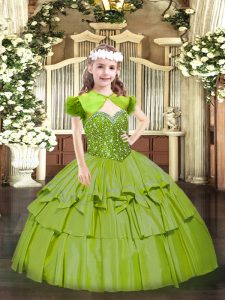 Fantastic Olive Green Organza Lace Up Straps Sleeveless Floor Length Little Girls Pageant Gowns Beading and Ruffled Layers