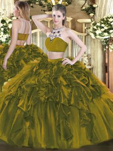 Luxury Olive Green Sweet 16 Dress Military Ball and Sweet 16 and Quinceanera with Beading and Ruffles High-neck Sleeveless Backless