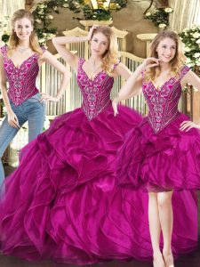 Super Floor Length Lace Up Quinceanera Dresses Fuchsia for Military Ball and Sweet 16 and Quinceanera with Ruffles