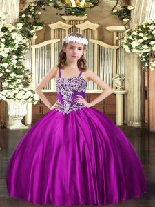 Fuchsia Satin Lace Up Straps Sleeveless Floor Length Little Girls Pageant Dress Appliques