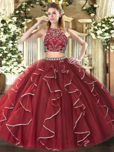 Elegant High-neck Sleeveless Zipper 15th Birthday Dress Burgundy Tulle