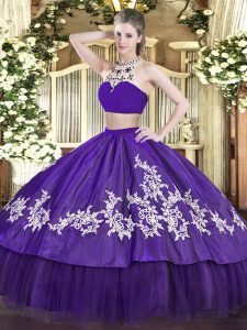 Dazzling Purple Two Pieces Beading and Appliques Sweet 16 Dress Backless Tulle Sleeveless Floor Length