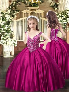 Floor Length Fuchsia Pageant Gowns For Girls Satin Sleeveless Beading