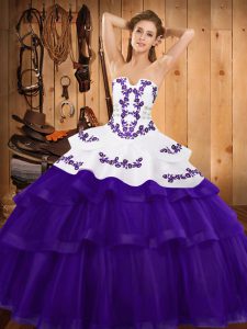 Glamorous Purple 15 Quinceanera Dress Tulle Sweep Train Sleeveless Embroidery and Ruffled Layers