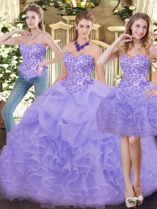 Sweetheart Sleeveless Ball Gown Prom Dress Floor Length Appliques and Ruffles Lavender Organza